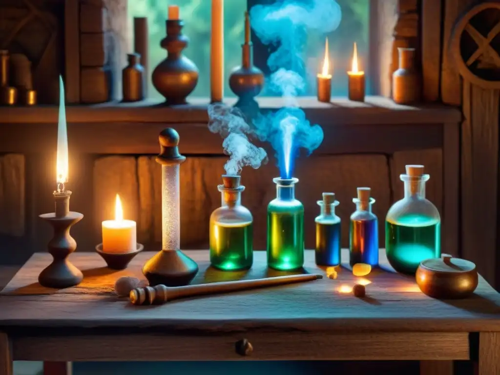 Escena alquímica antigua con suplementos para mejorar memoria: laboratorio del alquimista lleno de pociones, velas y símbolos en las paredes de piedra