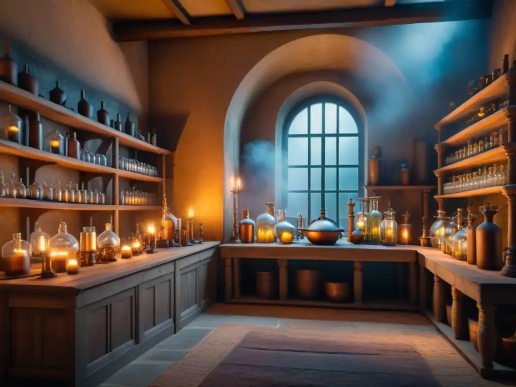 Escena alquímica en un castillo alemán: laboratorio misterioso iluminado por velas, pociones burbujeantes y secretos alquímicos