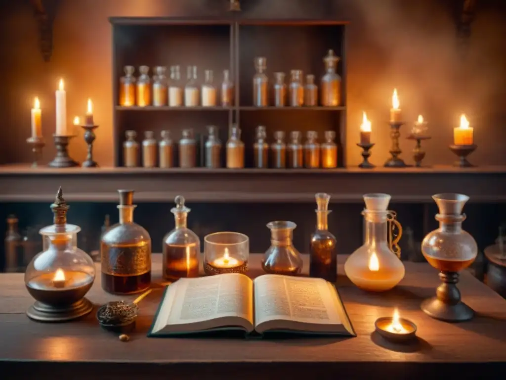 Una escena alquímica de cine moderno con detallado laboratorio, cristalería, libros antiguos, iluminada por velas en tonos sepia