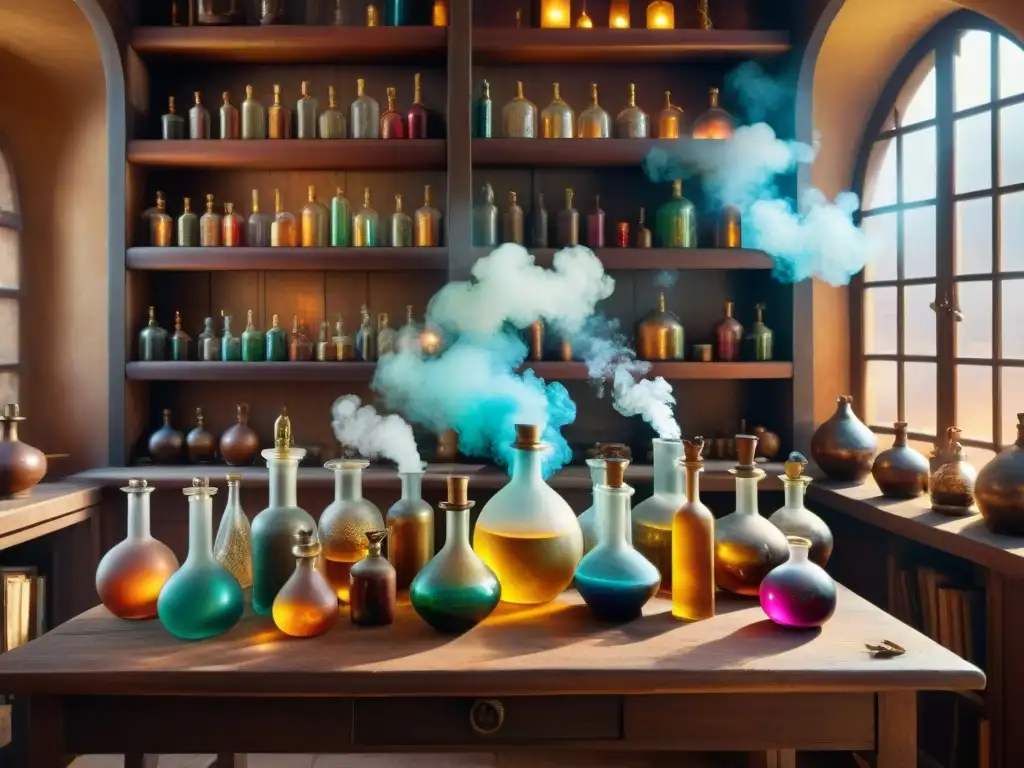 Escena alquímica: laboratorio con botellas de líquidos coloridos, libros antiguos y humo místico