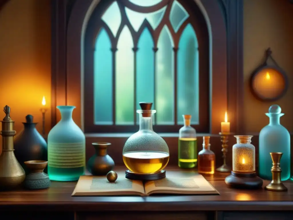 Alquimia eterna: laboratorio del alquimista medieval Escena alquímica en laboratorio medieval con pociones burbujeantes y espejo reflejando juventud