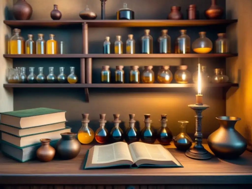 Escena alquímica sepia: laboratorio con pociones burbujeantes, libros antiguos y misteriosos instrumentos