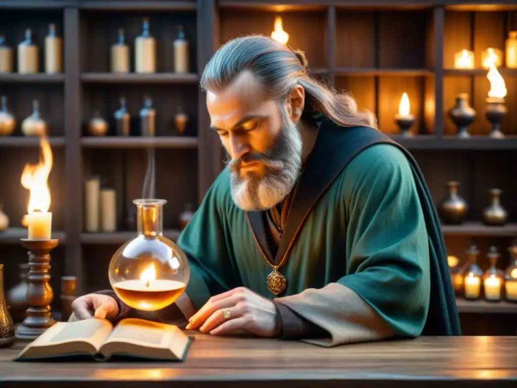 Escena alquímica medieval: alquimista vierte líquido en vaso, rodeado de libros antiguos, vidrio y luz de velas