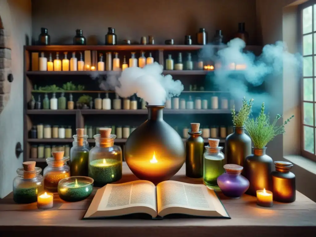 Escena alquímica mística: laboratorio con libros antiguos, pociones burbujeantes y hierbas, iluminado por velas