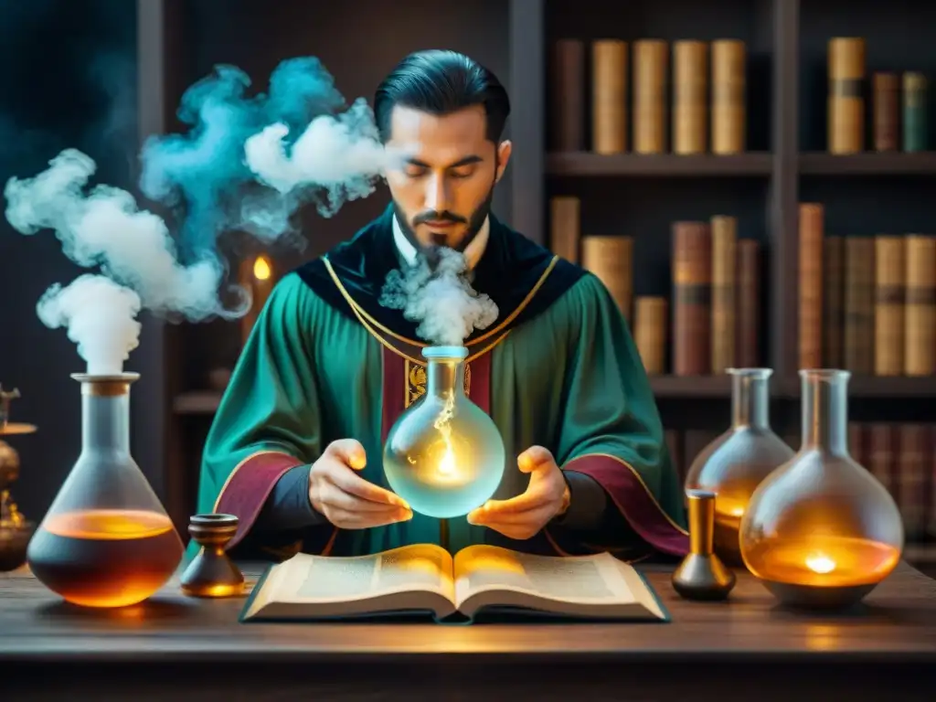 Laboratorio alquímico místico: sabiduría ancestral en sepia Escena alquímica mística con laboratorio antiguo, figuras enigmáticas y símbolos brillantes
