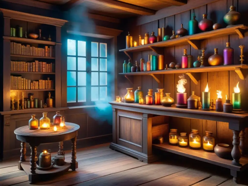 Escena alquímica mística con libros antiguos, frascos brillantes y un caldero burbujeante en una atmósfera fascinante iluminada por velas