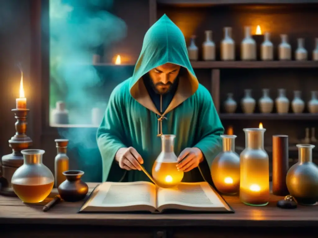 Escena alquímica: taller medieval con ingredientes misteriosos y figuras creando elixires bajo luz de velas