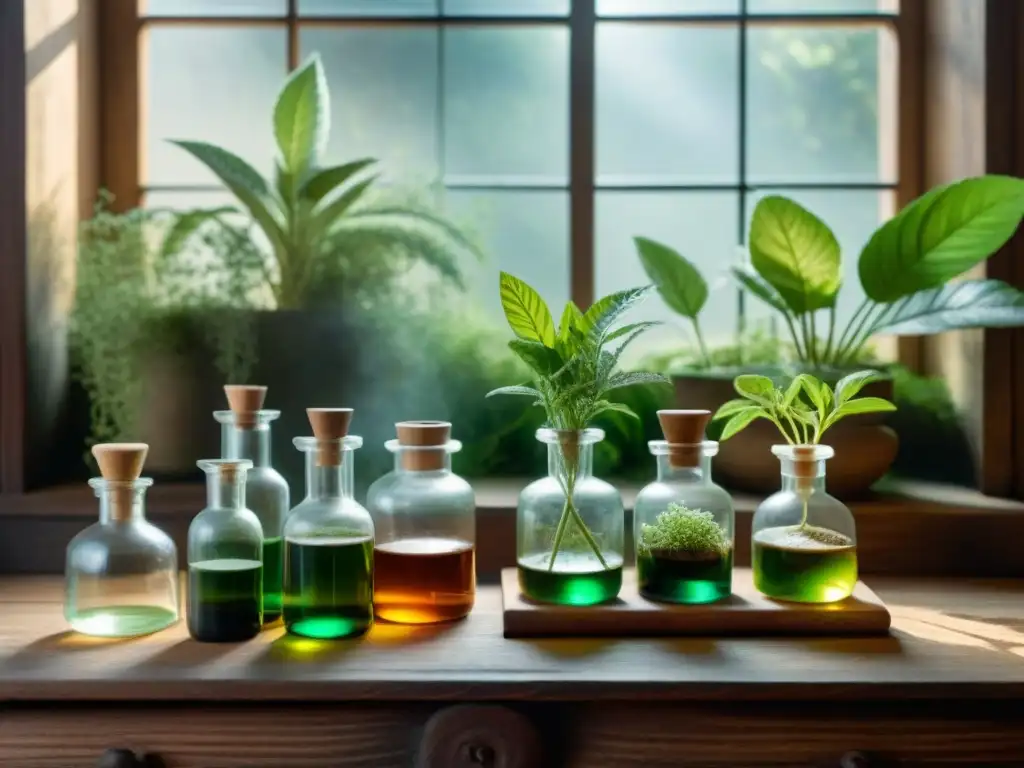 Escena alquímica vintage con plantas, libros y utensilios