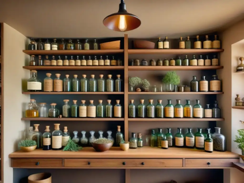 Tienda de botica vintage: botellas y hierbas en sepia Escena sepia de una antigua botica con compuestos botánicos alquímicos envejecimiento
