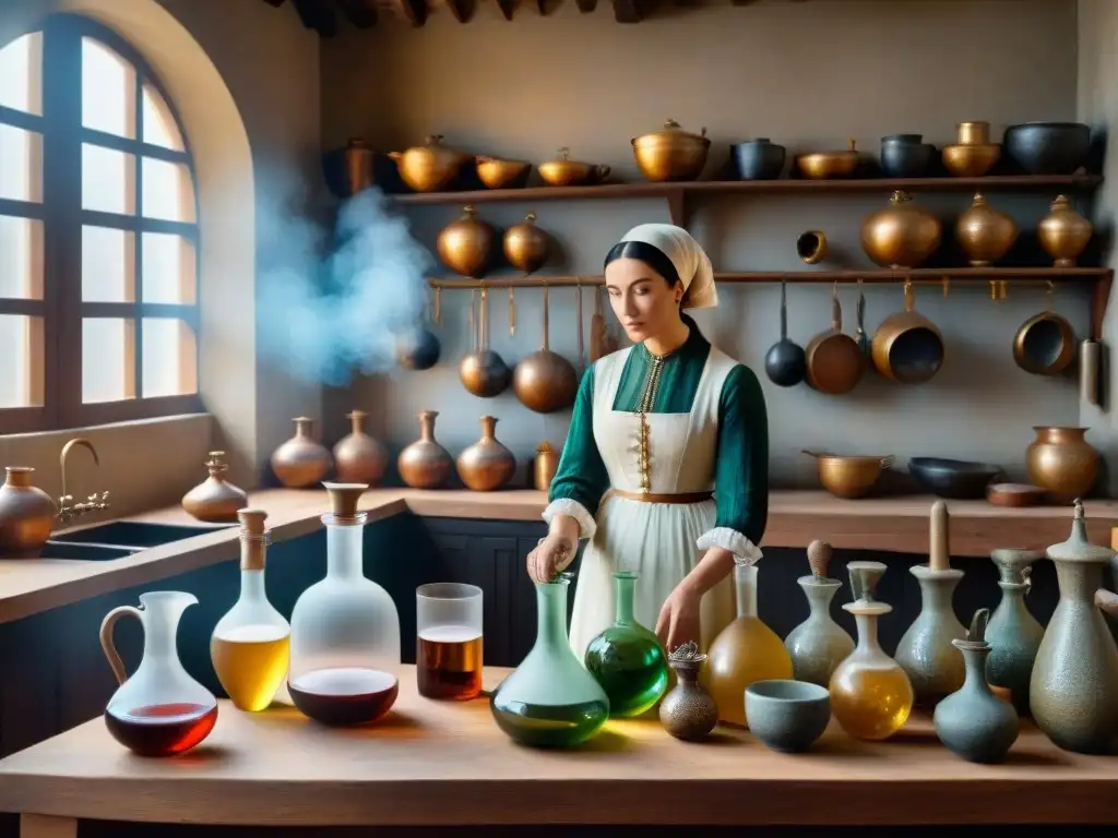 Escena detallada en sepia de una bulliciosa cocina alquímica del siglo XVI con Maria la Judía y el origen del baño María en la alquimia cocina