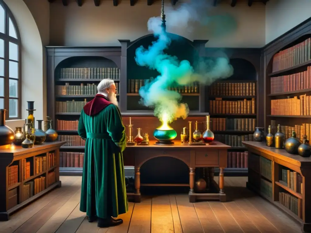 Una escena detallada en sepia de John Dee y Edward Kelley en una intensa experimentación alquímica en un estudio con iluminación tenue