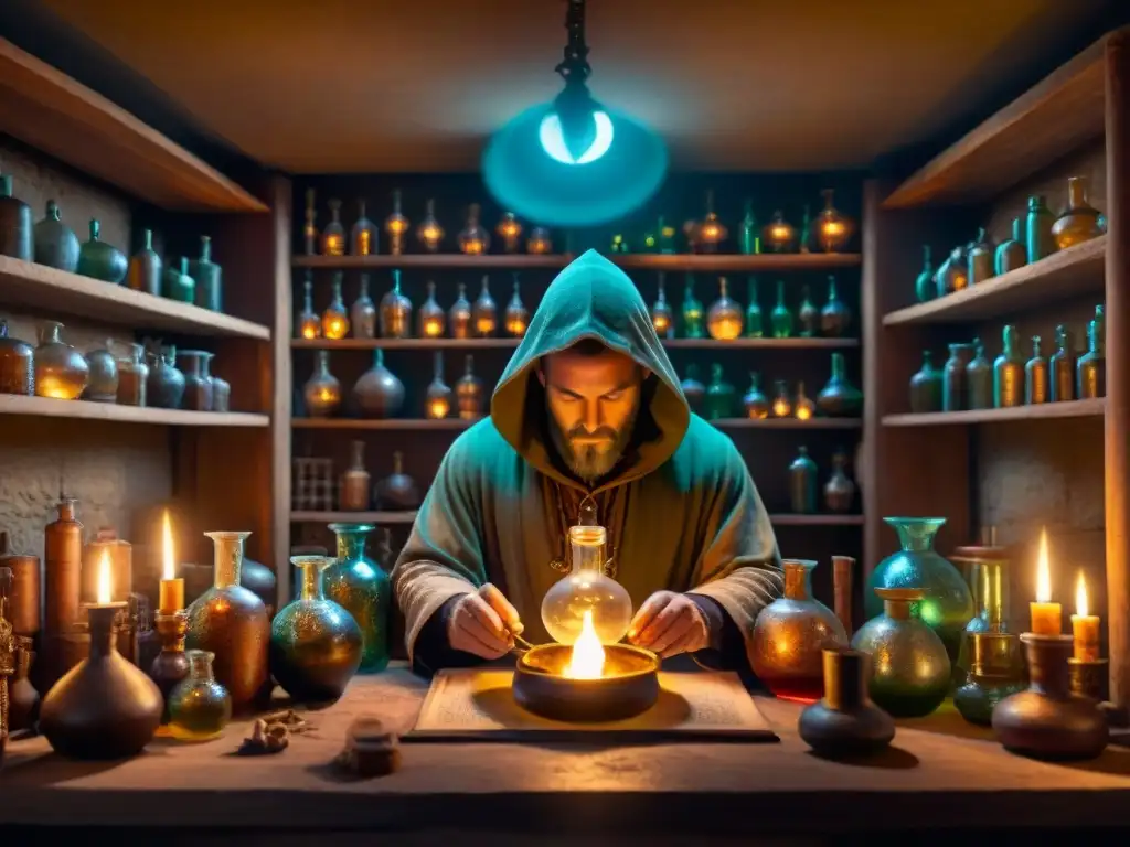 Escena detallada de un laboratorio de alquimia ancestral, iluminado por velas y repleto de instrumentos y símbolos misteriosos