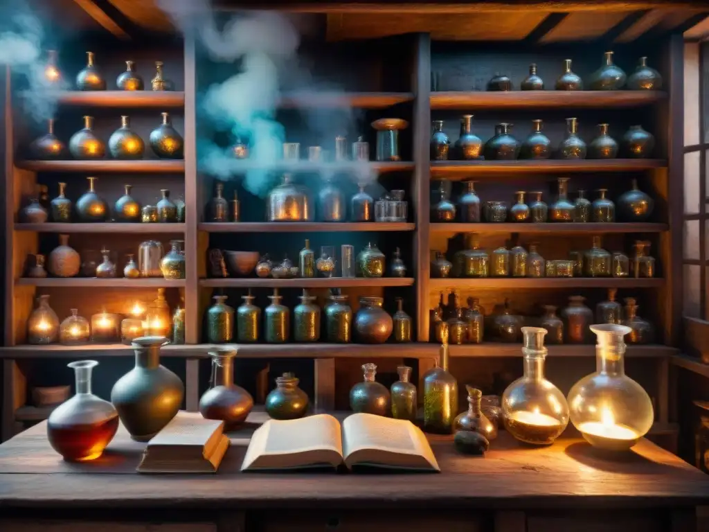 Antiguo laboratorio alquímico lleno de misterio y magia Escena detallada de un laboratorio de alquimia antigua con vidriería, pociones burbujeantes, libros viejos y hierbas secas