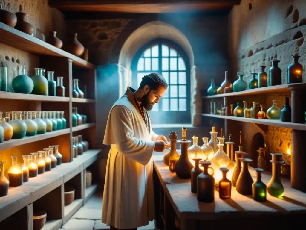 Una escena detallada de un laboratorio alquímico antiguo, con un alquimista trabajando en un experimento complejo