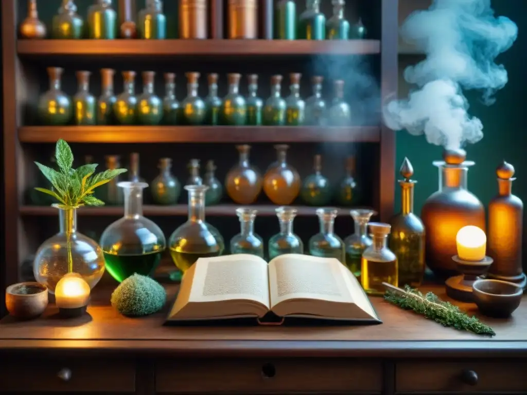 Escena detallada de laboratorio alquímico antiguo con velas, libros y vidriería, evocando misterio y 'Resurgimiento de la alquimia contemporánea'