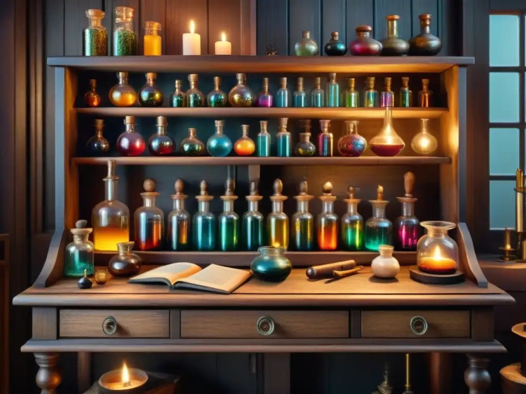 Escena detallada de laboratorio alquímico vintage con herramientas, libros antiguos y velas, evocando misterio y sabiduría