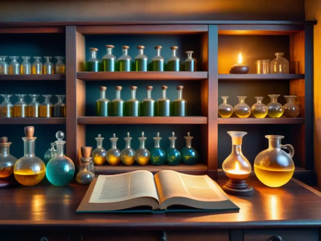 Antiguo laboratorio de alquimia: mezcla de misterio y sabiduría Escena detallada de laboratorio alquimia antigua con instrumental, líquidos burbujeantes y libros antiguos, iluminada por velas