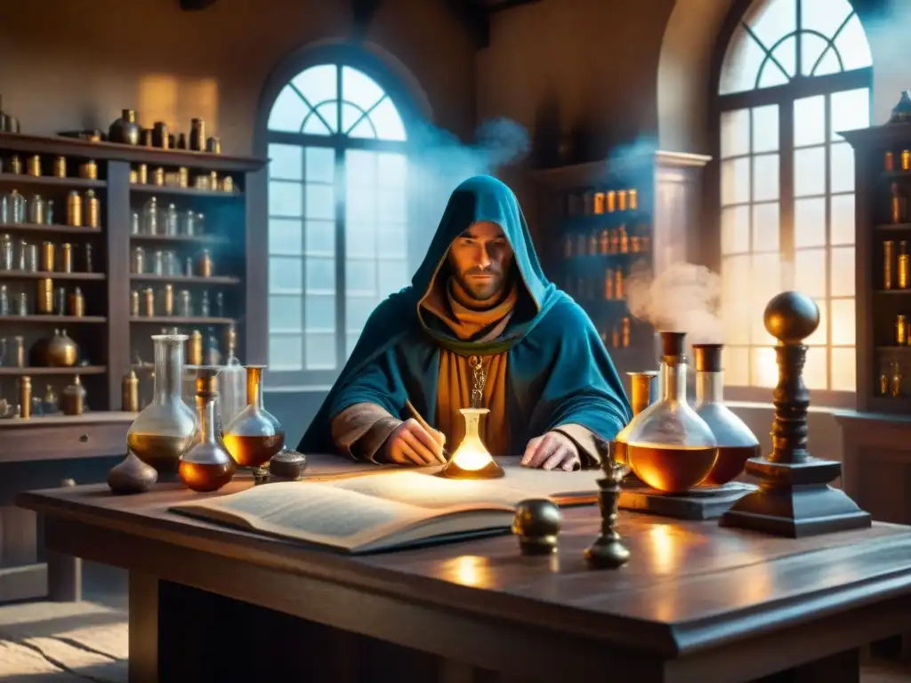 Una escena detallada de un laboratorio de alquimista vintage, con frascos burbujeantes y herramientas misteriosas, bañado en luz dorada, reflejando una figura en un espejo plateado