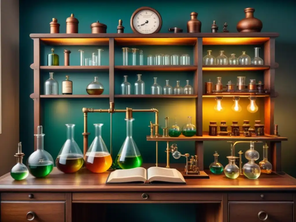 Escena detallada de un laboratorio de química vintage, con vidriería antigua y libros en estanterías