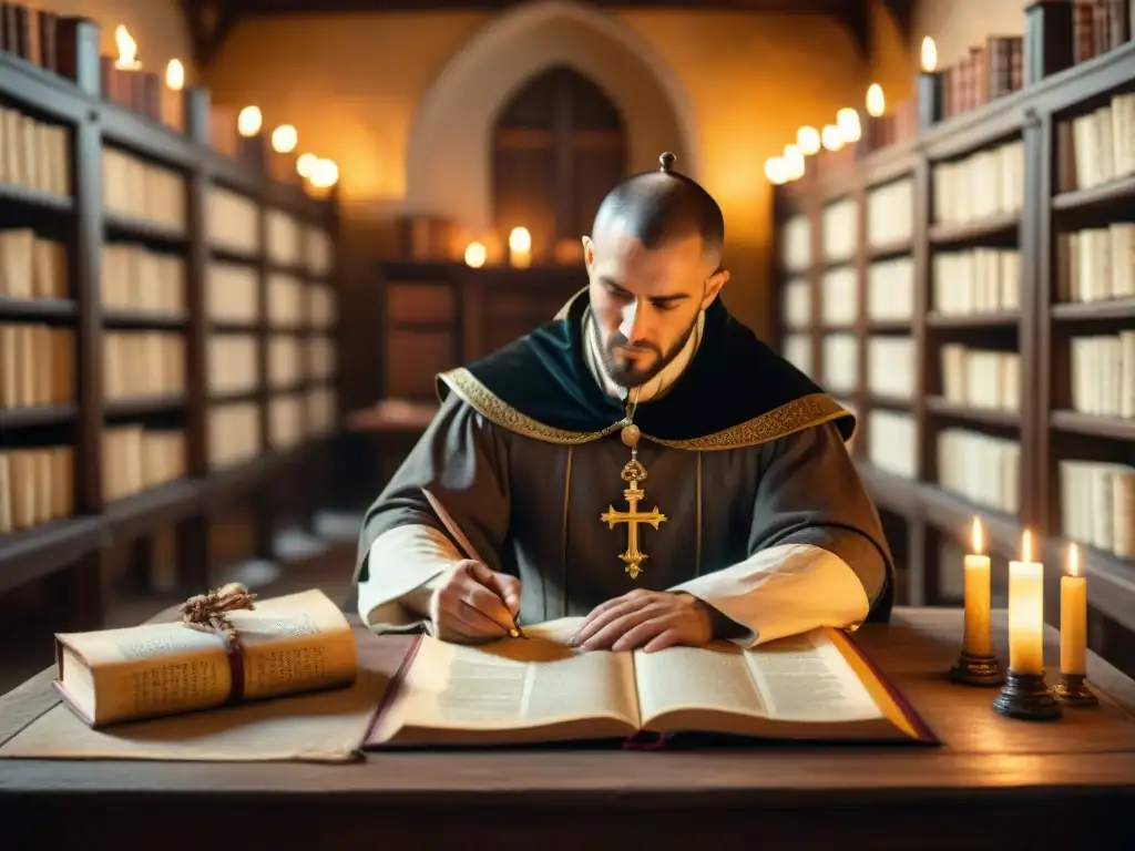 Escena detallada de un scriptorium medieval iluminado con velas, repleto de pergaminos y plumas, evocando misterio y erudición