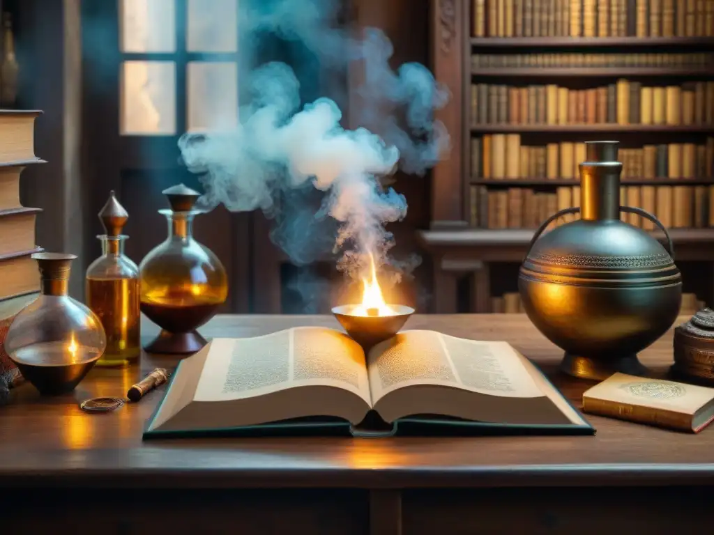 Escena detallada de taller alquimia antiguo con libros, velas y humo misterioso