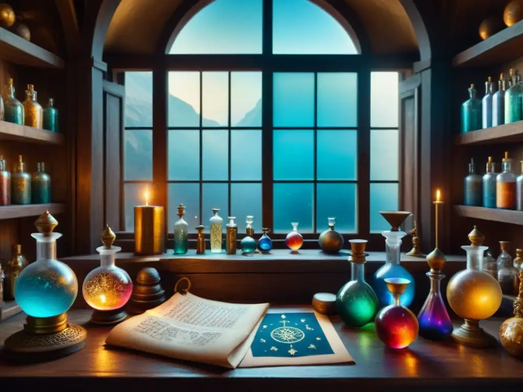 Misterioso taller de alquimista con artefactos y mapas celestiales Escena detallada en sepia de taller alquimista antiguo con botellas de colores, pergaminos con símbolos, mapas celestes y artefactos místicos
