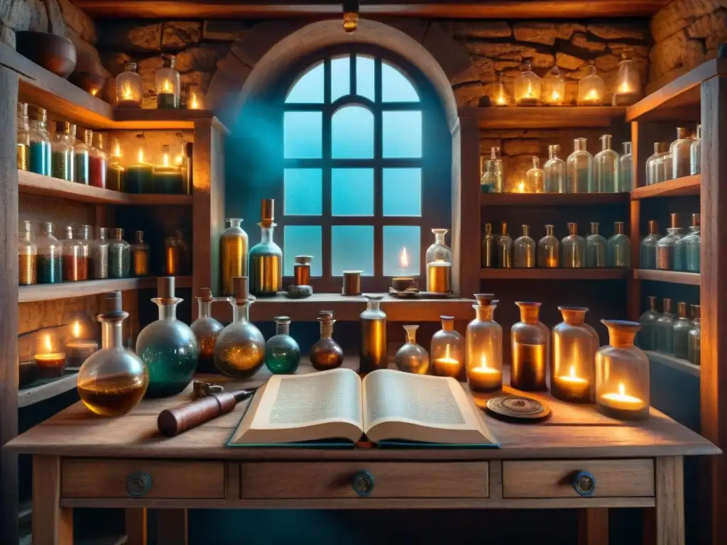 Escena de influencia astrología alquimia esotérica antigua: taller del alquimista con velas, libros y frascos misteriosos