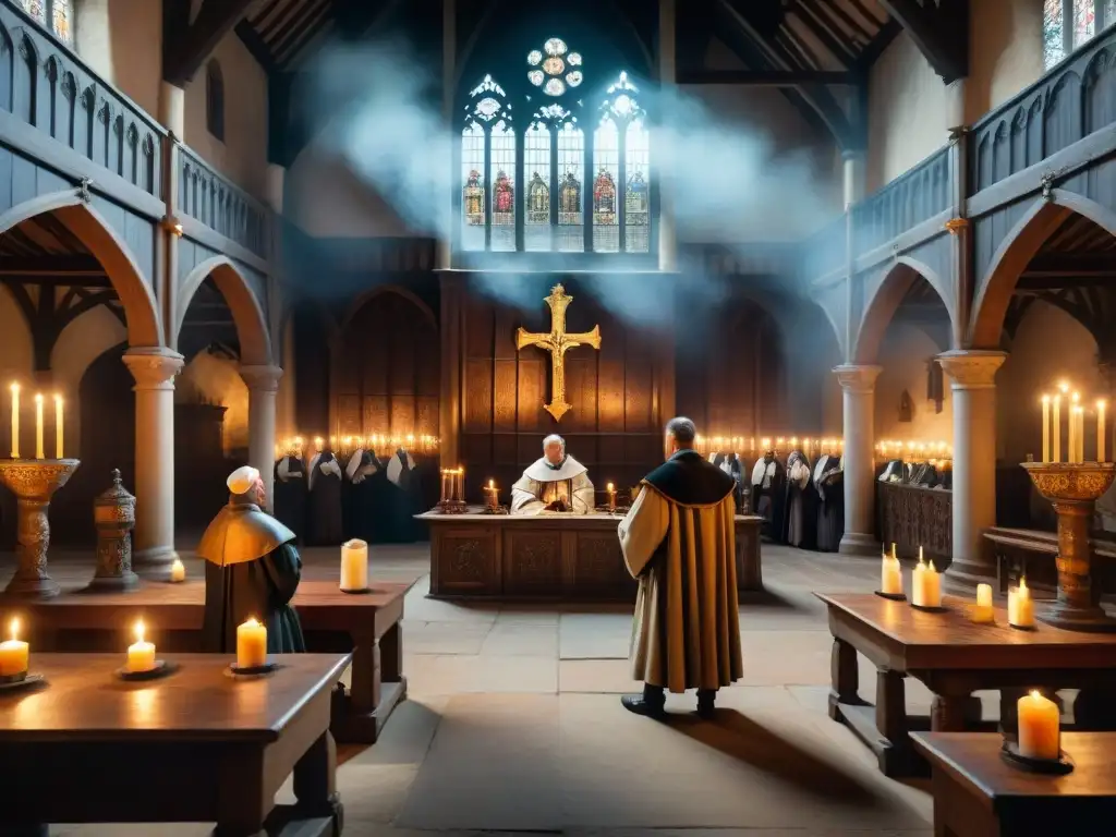 Escena de juicio de alquimia en la iglesia medieval, con clérigos severos y ambiente tenso