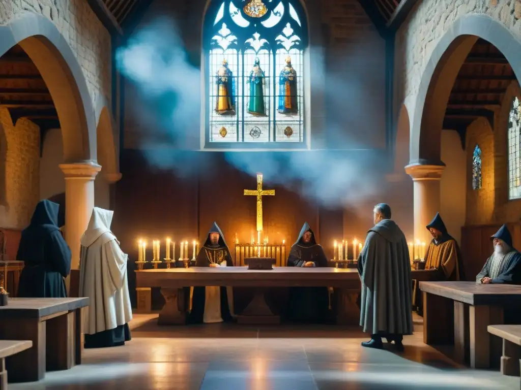 Escena de juicio en iglesia medieval con alquimia, clérigos, figuras sombrías y simbología alquímica