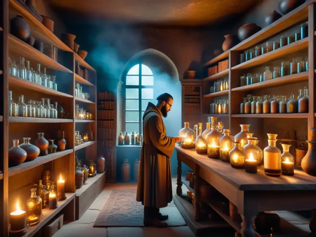 Escena sepia de laboratorio de alquimia con pociones, símbolos y figura misteriosa