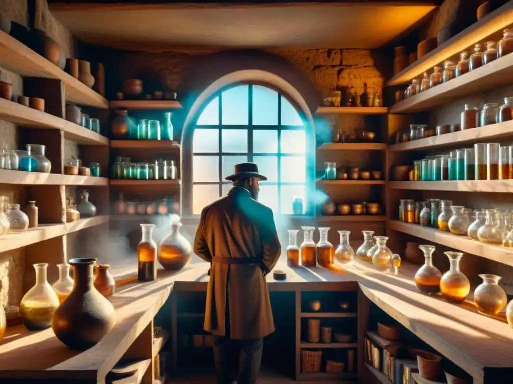 Escena sepia de un laboratorio alquimista antiguo con figuras misteriosas y estanterías de libros polvorientos