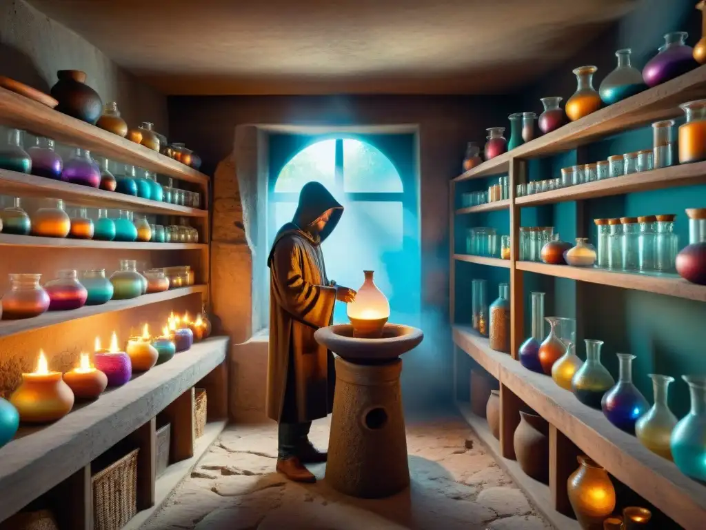 Escena en sepia de laboratorio de alquimista con velas, símbolos misteriosos y el estudio del alquimista espiritual