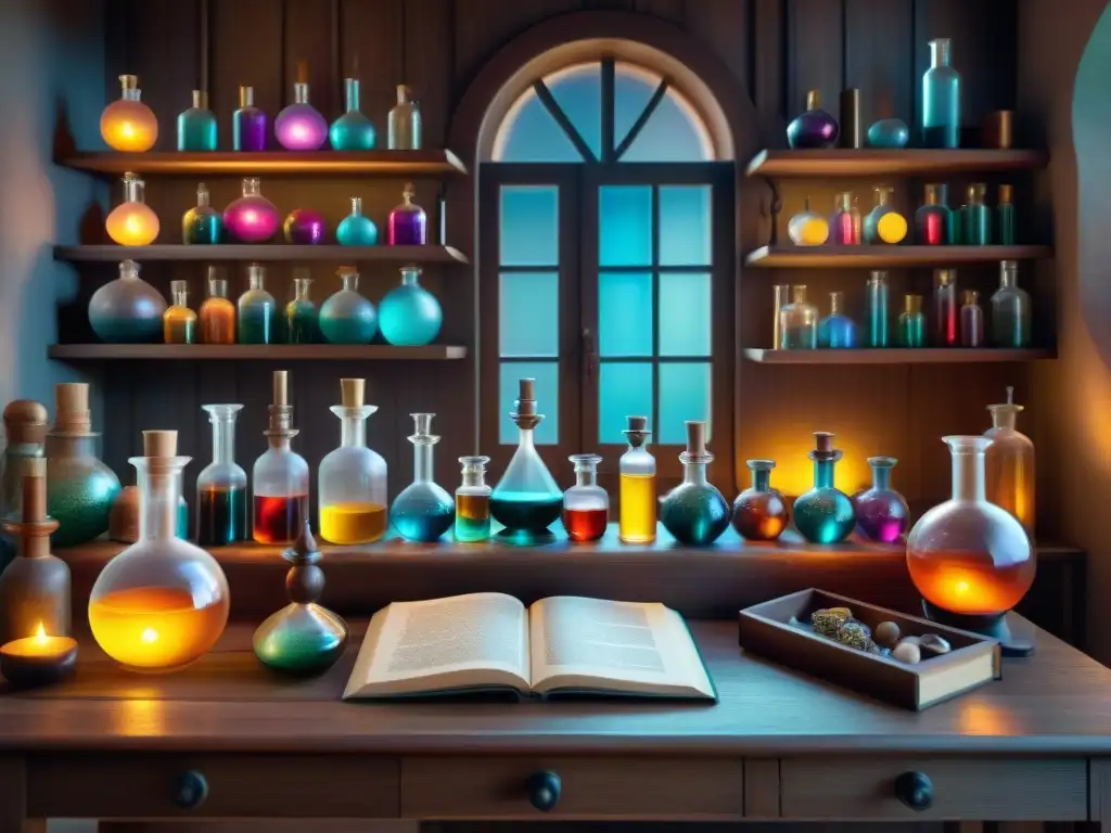 Escena mágica de un laboratorio de alquimia con libros antiguos, un orbe brillante y figuras enigmáticas