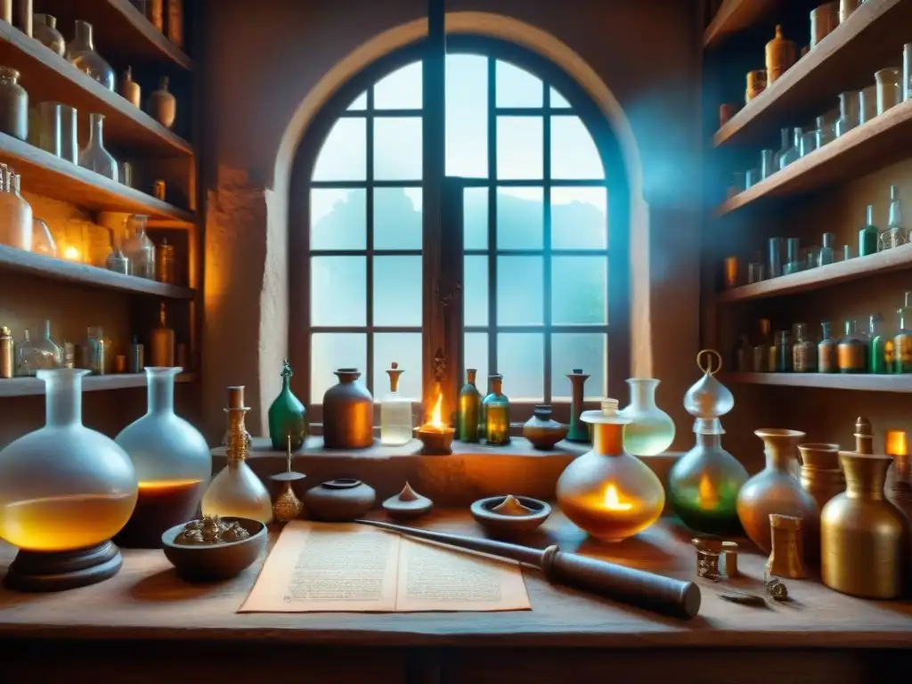 Escena mágica de laboratorio de alquimia antigua con herramientas, pociones y símbolos