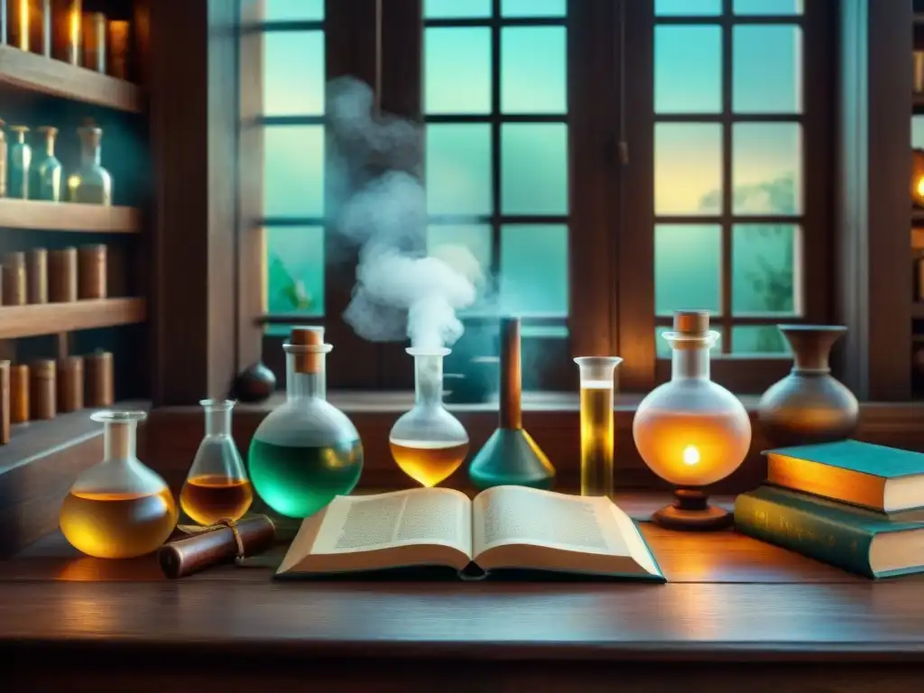 Escena mágica en un laboratorio alquímico vintage con destilación personal mediante la alquimia