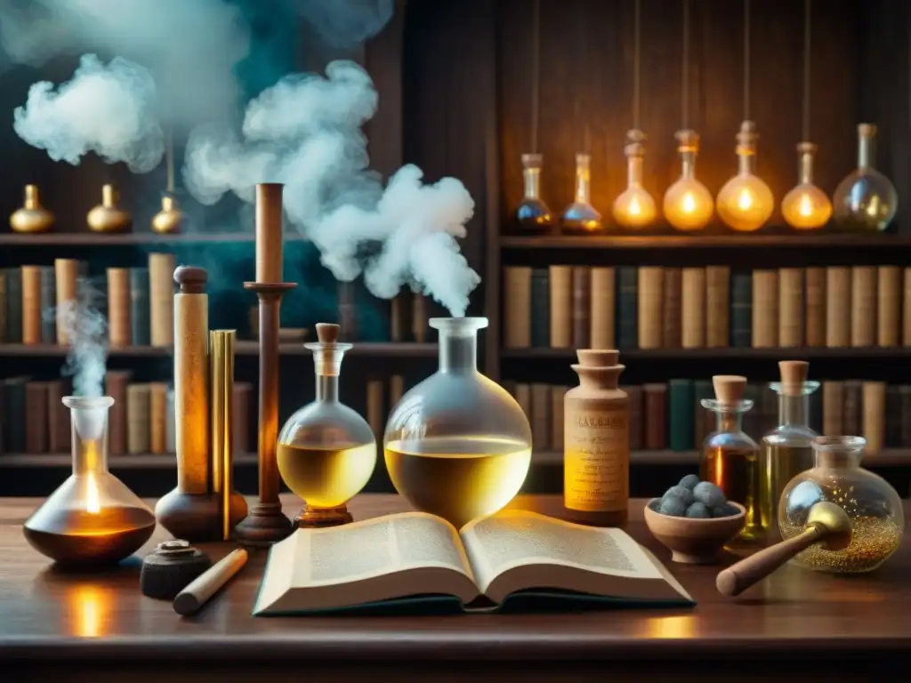 Escena misteriosa de laboratorio de alquimia en escape room con libros antiguos y pociones burbujeantes