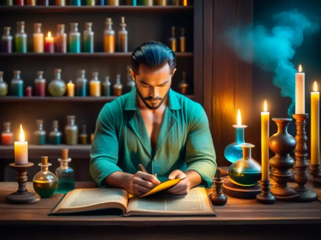 Laboratorio de alquimia: misterio y sabiduría ancestral Escena misteriosa de un laboratorio de alquimia vintage con libros antiguos y velas, evocando la importancia de la alquimia en la medicina alternativa