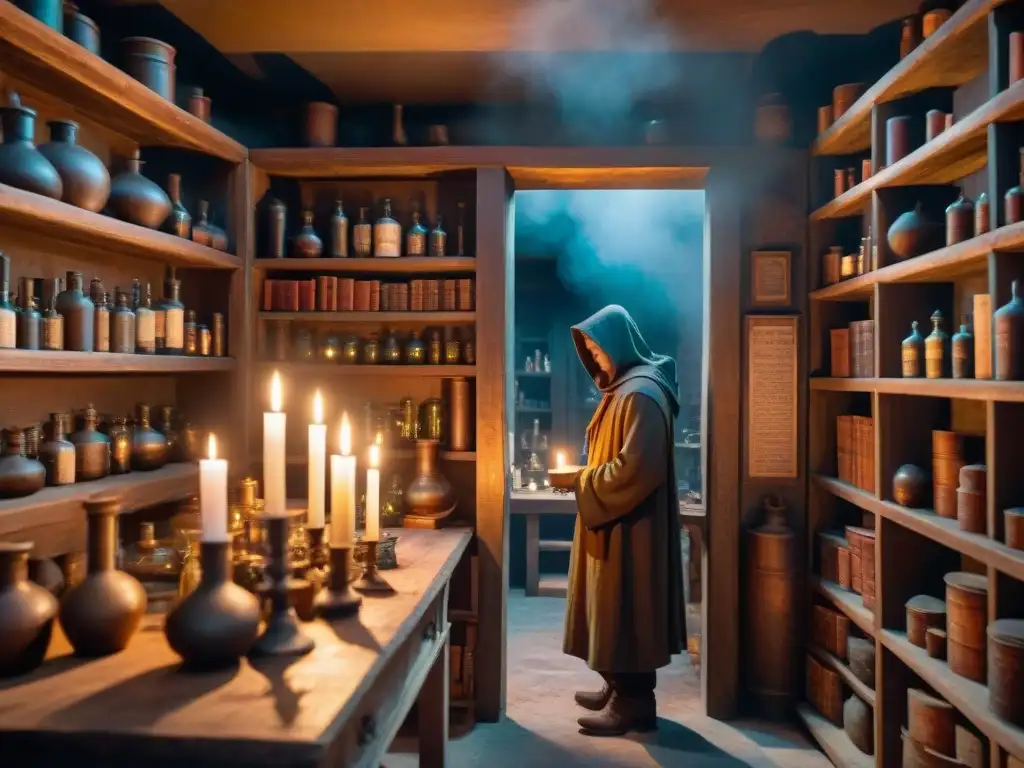 Escena misteriosa de un laboratorio de alquimista en penumbra, con libros polvorientos, símbolos arcanos y frascos con líquidos misteriosos