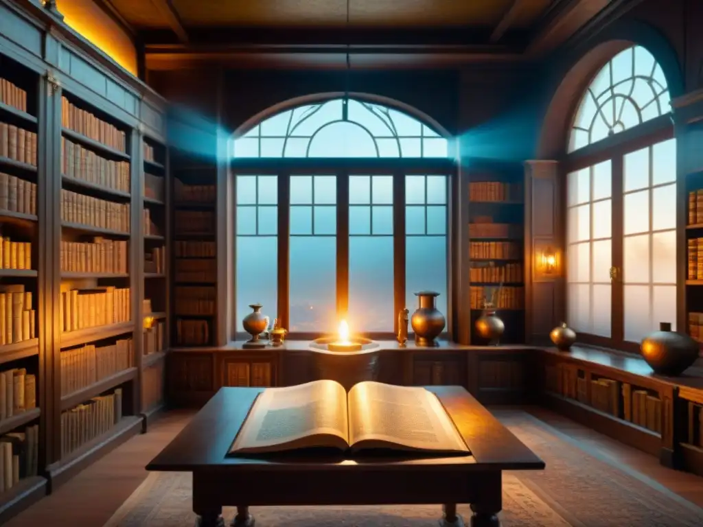 Escena mística de una biblioteca antigua con libros de alquimia y artefactos, iluminada por la luz del sol