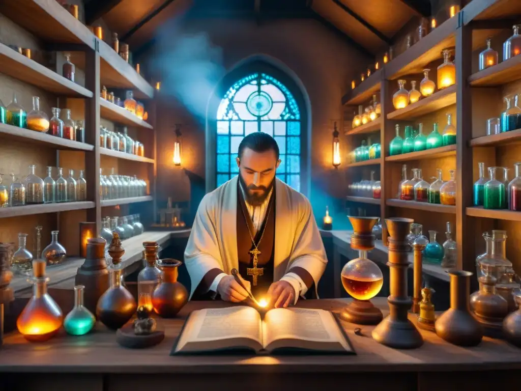 Escena mística en laboratorio de alquimia con alquimista, libros antiguos y símbolos, luz dorada