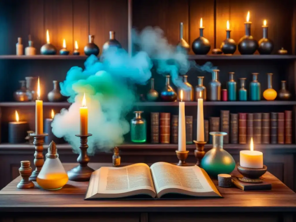 Escena mística de un laboratorio de alquimia con libros antiguos, pociones y velas, evocando sabiduría ancestral y práctica espiritual con apps de alquimia práctica espiritual
