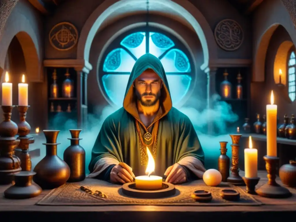 Ilustración alquímica: laboratorio místico con círculo de magia Escena mística de un laboratorio de alquimia con círculo de magia ceremonial, comparación rituales alquimia magia ceremonial