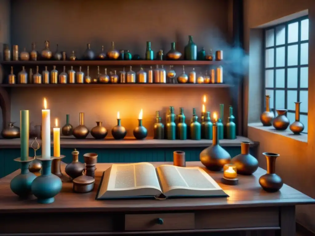 Escena mística de laboratorio alquímico antiguo con frascos burbujeantes, símbolos misteriosos y velas iluminadas, evocando la historia mística de la alquimia