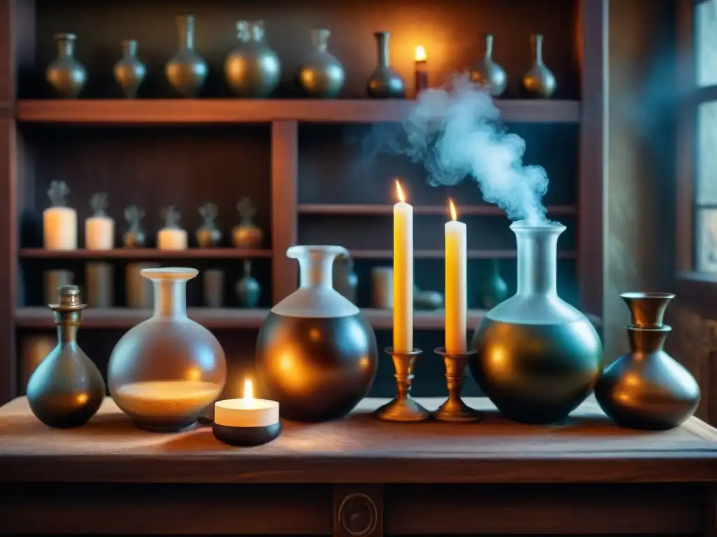 Escena mística de un laboratorio alquímico antiguo con cristalería detallada, pociones burbujeantes y velas iluminando tomos polvorientos