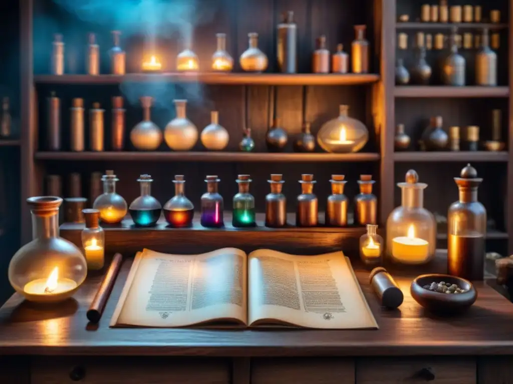 Escena mística de un laboratorio alquímico antiguo, con velas titilantes iluminando una mesa de madera repleta de frascos y pergaminos