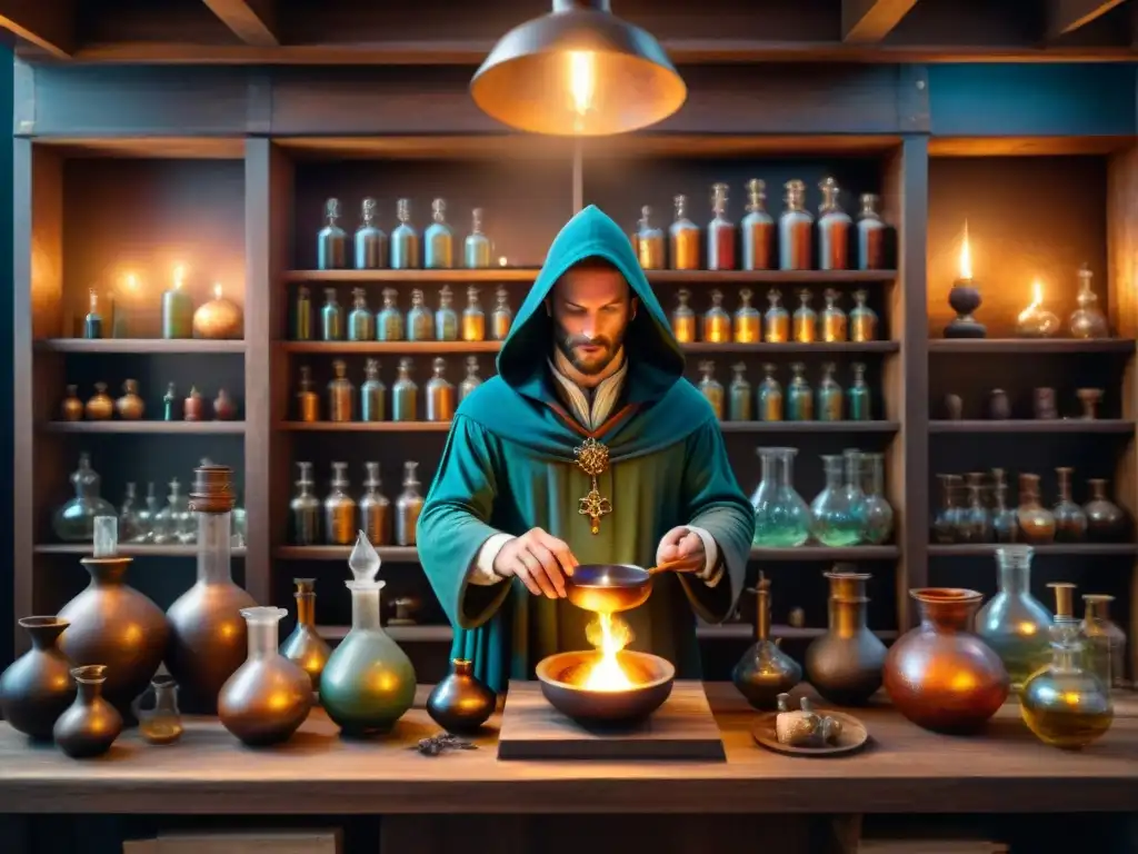 Laboratorio alquímico medieval: el misterio de la alquimia Escena mística de laboratorio alquímico medieval con figura capuchada