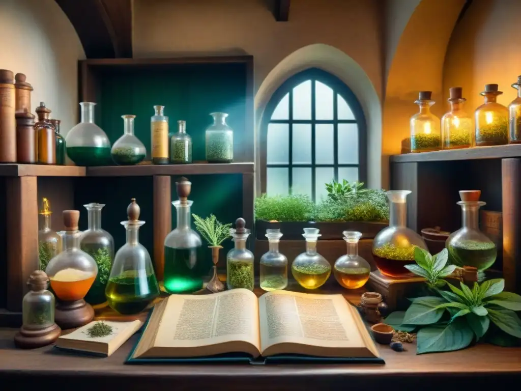 Escena mística de laboratorio alquímico medieval con legado botánico, evocando la transición a farmacopea y medicina