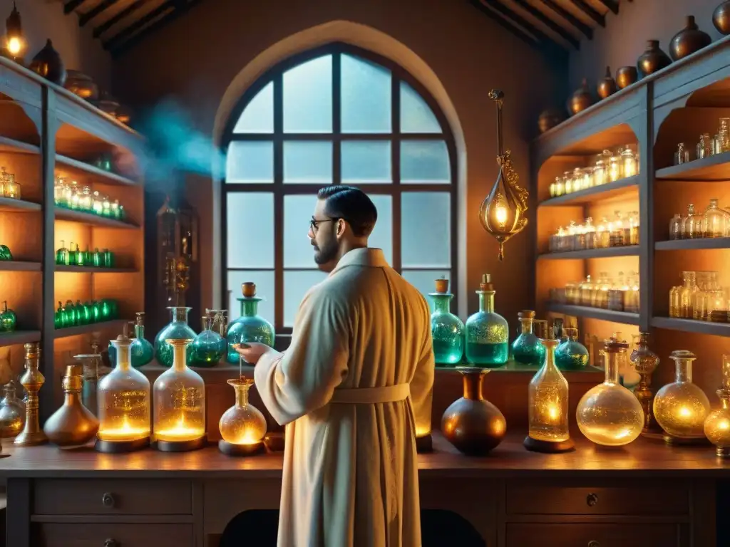 Alquimia ancestral: misteriosa escena en laboratorio detallado Escena mística en laboratorio alquímico antiguo con retortas y alembiques, resaltando la importancia de estos instrumentos en la alquimia