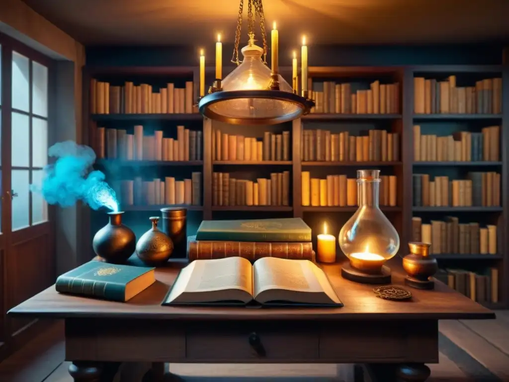 Escena mística en laboratorio de alquimista: libros antiguos, pociones burbujeantes y símbolo de iluminación