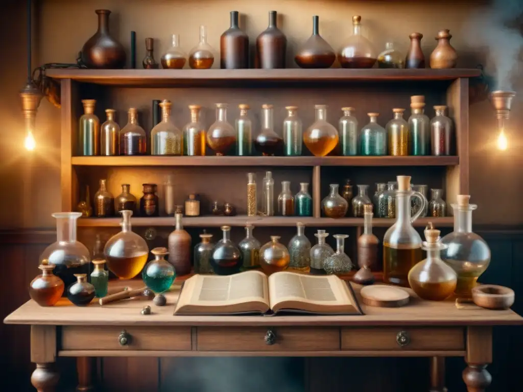 Escena nostálgica de laboratorio alquímico antiguo con mesa llena de cristalería, libros y botellas misteriosas